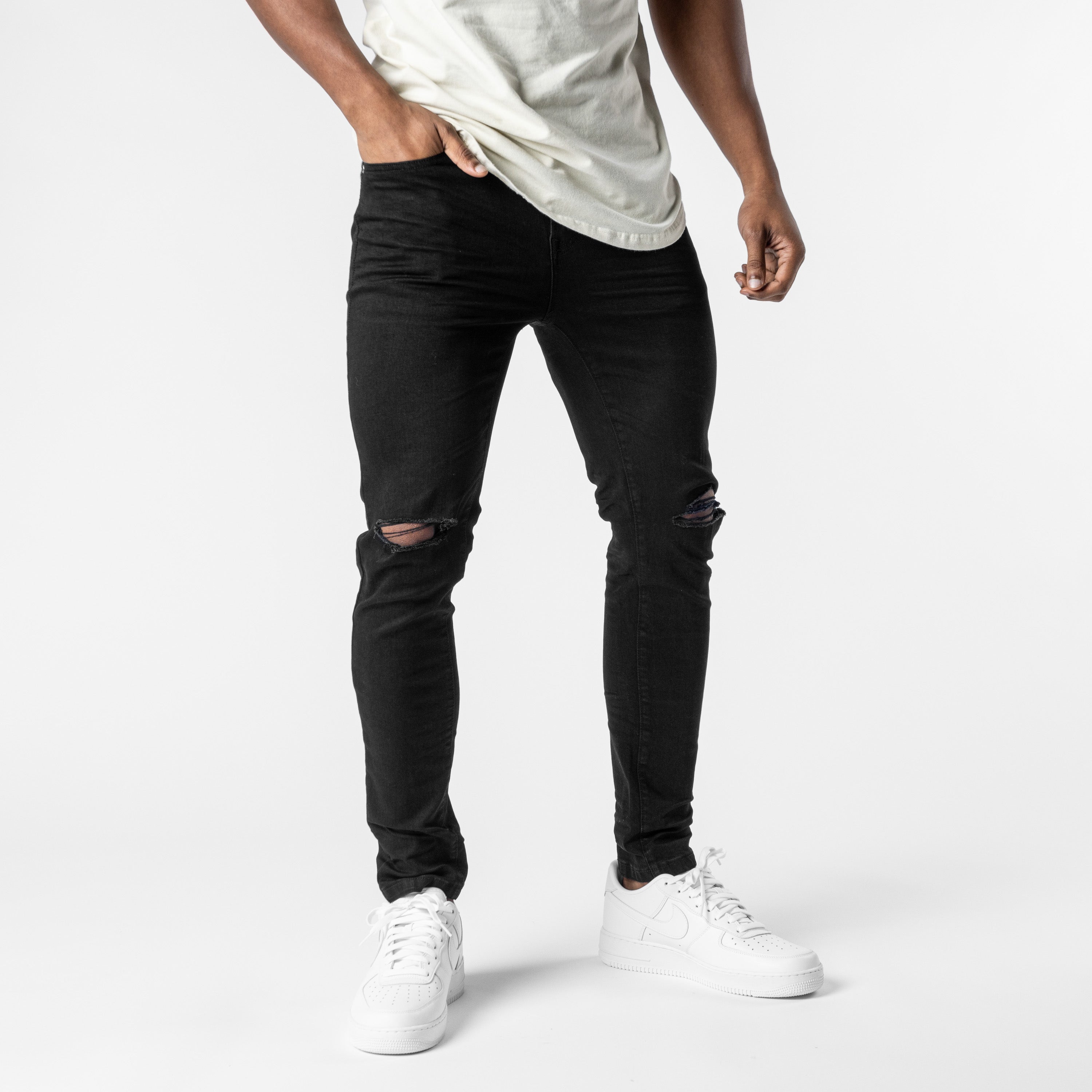 Black denim ripped jeans men Clearance